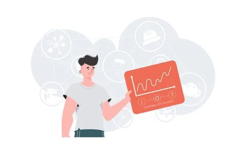 IoT concept. A man holds a panel with analyzers and indicators in his hands.. Illustrazione stock