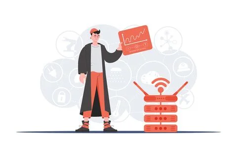 IoT concept. A man holds a panel with analyzers and indicators in his hands.  Illustrazione stock