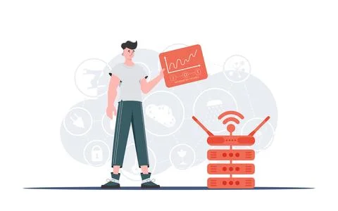 IoT concept. A man holds a panel with analyzers and indicators in his hands.  Stock Illustration