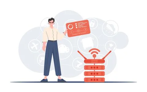 IoT concept. A man holds a panel with analyzers and indicators in his hands.  스톡 일러스트