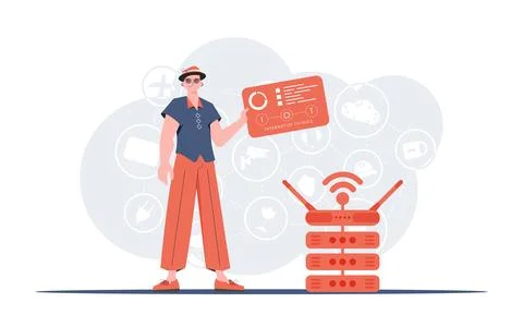 IoT concept. A man holds a panel with analyzers and indicators in his hands.  스톡 일러스트