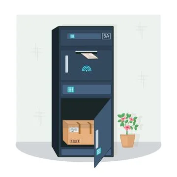 IoT house. Modern smart parcel box with open door and mail slot. Illustrazione stock