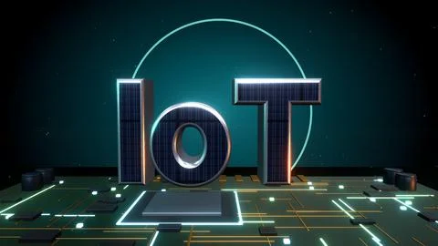 IoT Internet of Things 3D Text with Signal Waves on a Circuit Board 스톡 일러스트