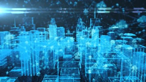 IOT Internet of things cloud computing smart city 5G network 3d render title Stock Illustration