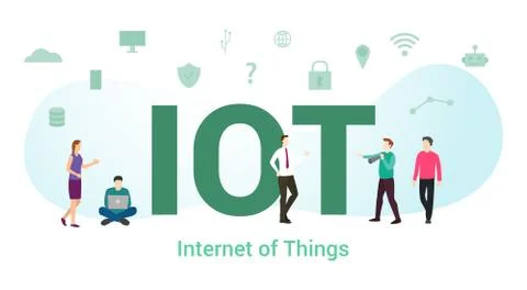 Iot internet of things concept with big word or text and team people with mod Stock Illustration