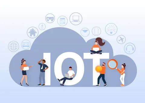 IOT. Internet of things, devices and connectivity concepts on a network, flat Ilustración de archivo