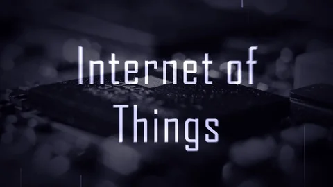 IOT Internet of Things title animation with a microchip background and a blue Stock Footage 107744065