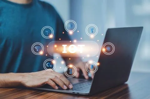 IOT of Man using computer internet at home, Internet of things concept, IOT.. Stock Photos