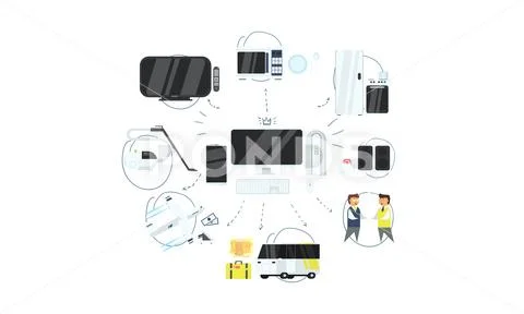 IOT online synchronization and connection via smartphone or computer wireless Stock Illustration