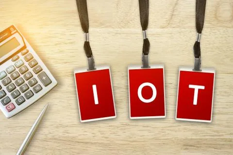 IOT or Internet of Things word on red badge Foto stock