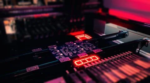 IOT Production of computer chips by SMT Pick and Place machine Stock Photos