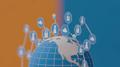 IOT visual concept of earth on blue and yellow background loop Stock Footage 265425827