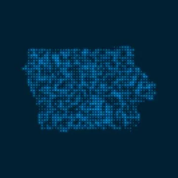 Iowa dotted glowing map. Shape of the us state with blue bright bulbs. Vect.. Stock Illustration