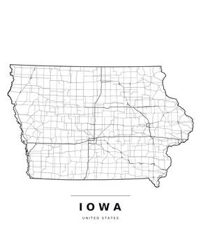 Iowa IA Map Counties Highways Roads Black White Editable Vector Stock Illustration