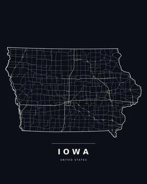 Iowa IA Map Counties Highways Roads Dark Mode Editable Vector Stock Illustration