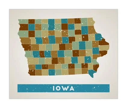 Iowa map. Us state poster with regions. Old grunge texture. Shape of Iowa w.. 스톡 일러스트