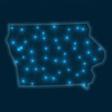 Iowa network map. Abstract geometric map of the us state. Digital connectio.. Stock Illustration