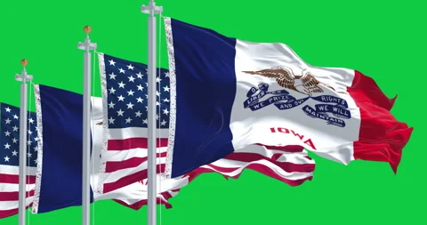 Iowa state flag waving in the wind with the US flag isolated on green backg.. Stock Footage 327467460