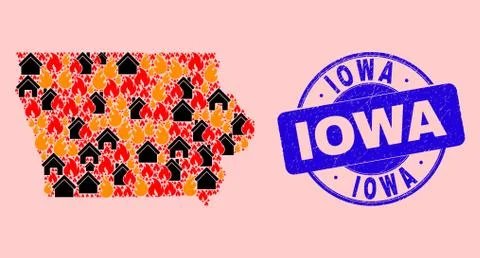 Iowa State Map Collage of Fire and Realty and Scratched Iowa Stamp Ilustração Stock
