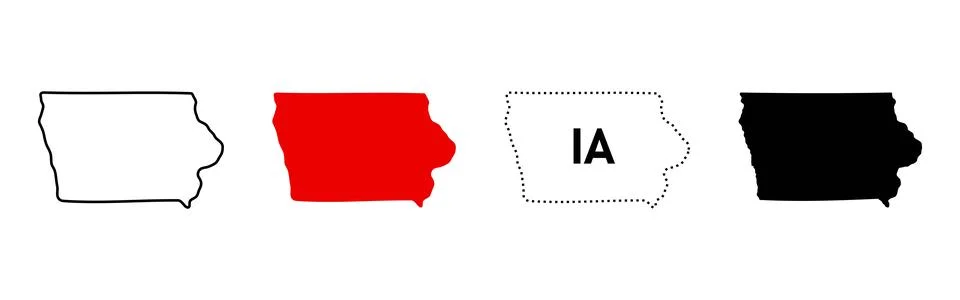Iowa state map icon set. US state silhouette in outline, filled, dotted and.. Stock Illustration