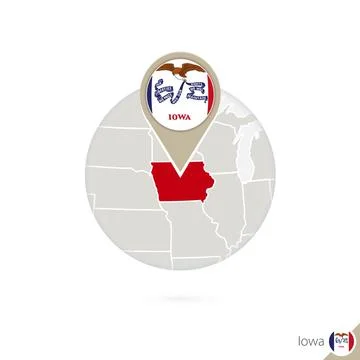 Iowa US State map and flag in circle. Map of Iowa, Iowa flag pin. Map of Io.. Stock Illustration