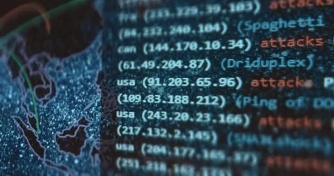 IP addresses of source countries of cyber attacks, live data Stock Footage 321759711