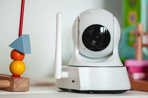 IP camera on the shelf with toys, serving as baby monitor Stock Photos
