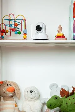 IP camera on the shelf with toys, serving as baby monitor Stock Photos