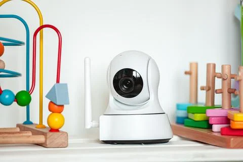 IP camera on the shelf with toys, serving as baby monitor Stock Photos