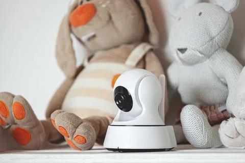 IP camera on the shelf with toys, serving as baby monitor Stock Photos