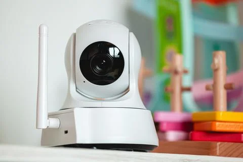 IP camera on the shelf with toys, serving as baby monitor Stock Photos