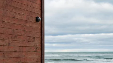 IP CCTV camera with security system installed on wooden wall Foto stock