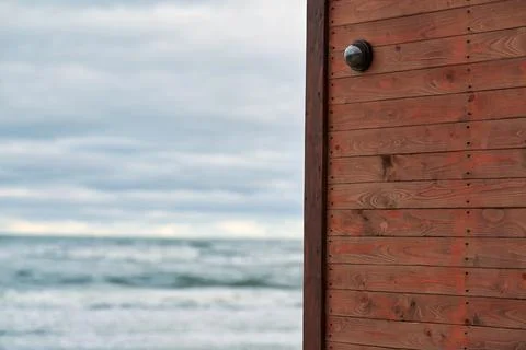 IP CCTV camera with security system installed on wooden wall Foto stock