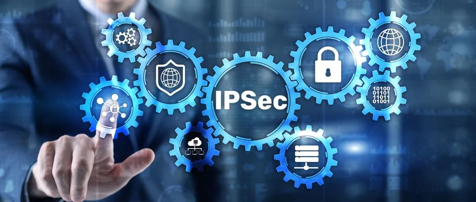 IP Security. Data Protection Protocols. Blue Technology Background. IPSec. Foto stock
