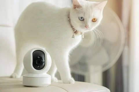 IP wireless CCTV camera indoor device control ,camera with white cat for ho.. Stock Photos