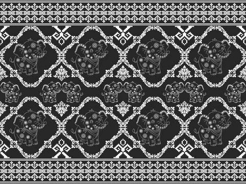IPAD - Thai Elephant Pants Fabric Pattern, Black and White Elephant Textile Stock Illustration