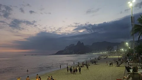 Ipanema Beach Evening With Lights and Mountain Silhouette, Brazil 8K Stock-Footage 306487223