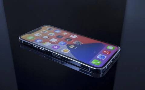 IPhone 12 Pro Max blue on black glass Stockfoto's