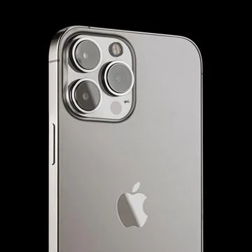 IPhone 13 pro on a black background. three close-up phone cameras, apple logo Stock Photos