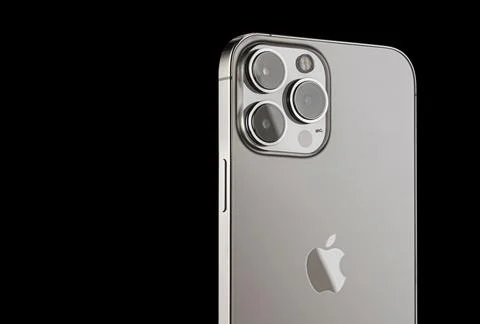 IPhone 13 pro on a black background. three close-up phone cameras, apple logo Stock-Fotos