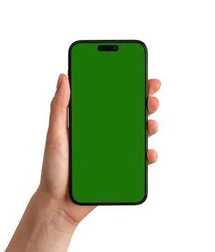 Iphone 14 pro screen mockup, green mock up isolated on white background Stock Photos