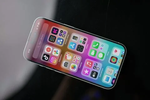Iphone 15 app library page in a beautiful black background Stock Photos