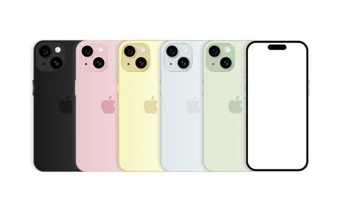 Iphone 15 model. All colors. Front view and back view. Smartphone mockup wi.. Stock Illustration