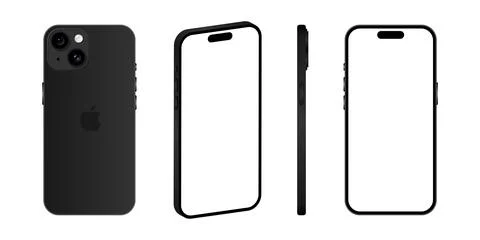 Iphone 15 model. Black color. Front view, side view and back view. Vector m.. Illustrazione stock