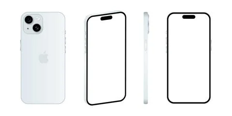 Iphone 15 model. Blue color. Front view, side view and back view. Vector mo.. Stock Illustration