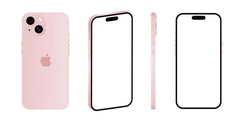 Iphone 15 model. Pink color. Front view, side view and back view. Vector mo.. Illustrazione stock