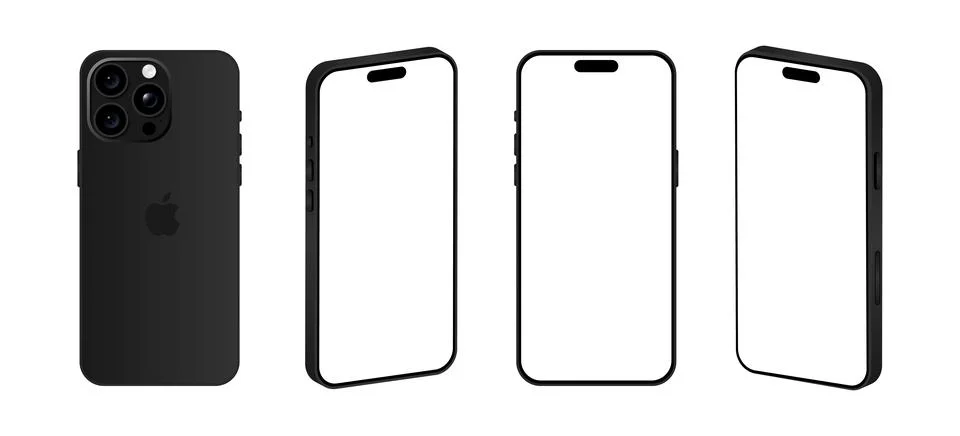 Iphone 15 Pro model. Black titanium color. Front view, back view and differ.. Stock Illustration