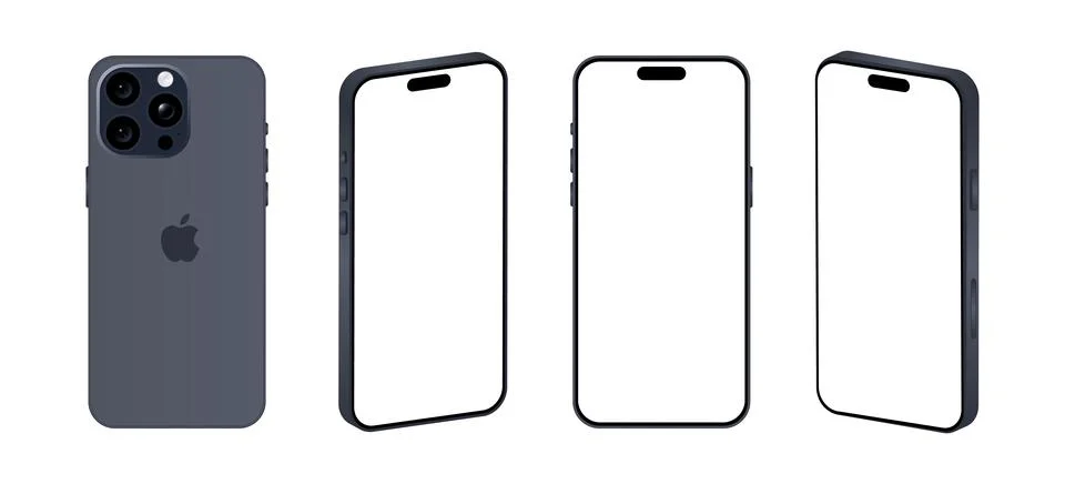 Iphone 15 Pro model. Blue titanium color. Front view, back view and differe.. Stock Illustration