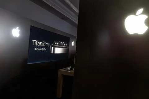 Iphone 15 Pro Titanium ad banner. Iphone smartphone Stock Photos