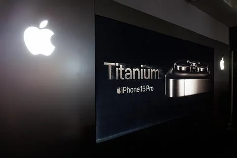 Iphone 15 Pro Titanium ad banner. Iphone smartphone Stock Photos